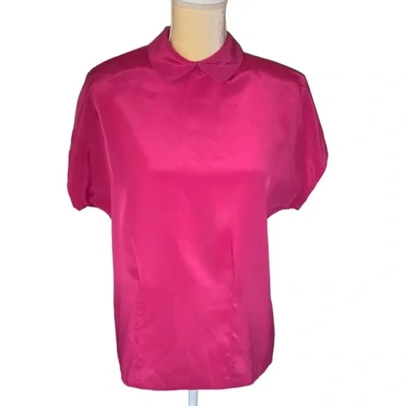 Vintage Fuschia Hot Barbie Pink Short Sleeve Satin Like Dressy Blouse Size Small - Picture 1 of 10